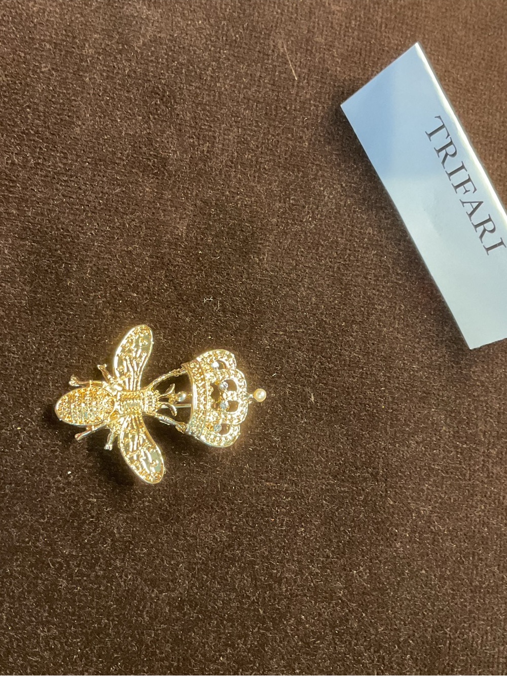 Trifari Gold Bee with Crown Rhinestone Brooch